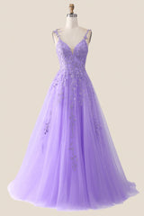 V Neck Lavender Lace A-line Long Prom Dress