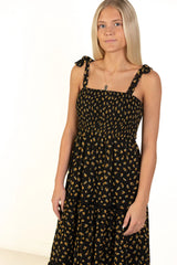 Black & Gold Floral Lace Trim Tiered Maxi Dress