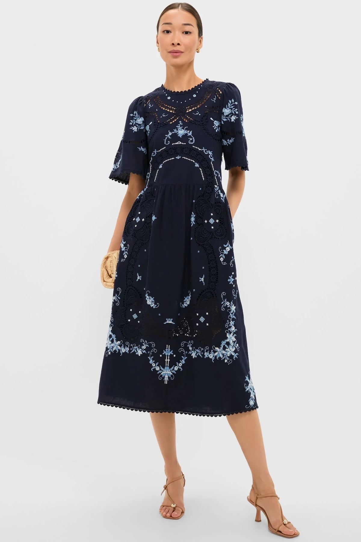 Exclusive Navy Edwina Embroidery Midi Dress