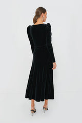 Black Velvet Jersey Puff Sleeve Maxi Dress
