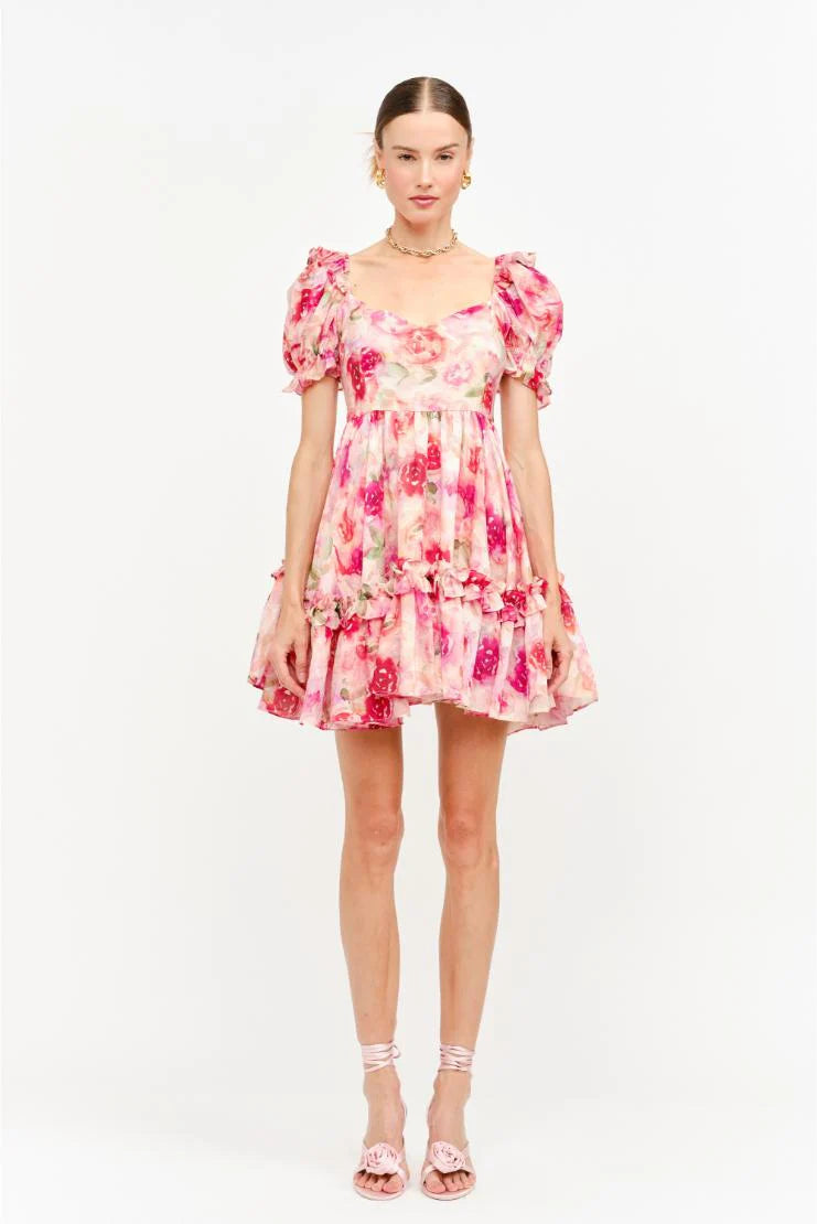 Sara Florals Puff Sleeve Ruffled Babydoll Mini