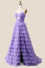 Knotted Purple Tulle Tiered Long Party Dress