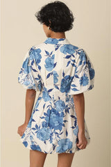 Bonnie Florals Collared Button Up Puff Sleeve Mini Dress - Royal Blue